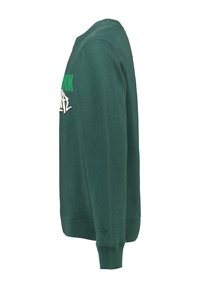 Vihreä huppari, jossa on pyöreä kaula-aukko, ribbireunukset ja painettua tekstiä valkoisena ja vihreänä. Valmistettu pehmeästä, tekstuurilla varustetusta kankaasta.