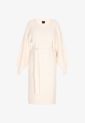 Kreemjas soonikkoeline kleit ümmarguse kaelusega, pikkade ballooni varrukatega ja seotud taljevöödiga. Tekstuur on pehme ja veidi veniv.