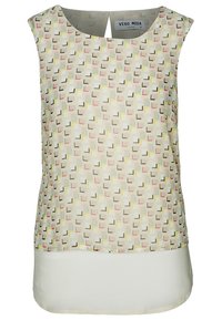 Blusa leggera senza maniche con un motivo geometrico nei colori beige, giallo, rosa e marrone; texture liscia con orlo bianco solido sul fondo.