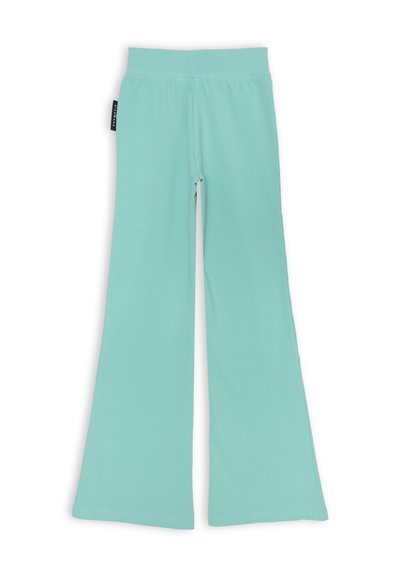 Pantaloni flared di un azzurro chiaro realizzati in morbido tessuto misto cotone. Presentano una vita elastica e una texture liscia senza motivi o dettagli visibili.