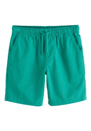 Grønne elastiske shorts med snøre i taljen og sidelommer, designet til afslappet brug.
