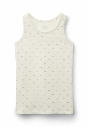 Top sin mangas de color crema con pequeños patrones de lazos rosas distribuidos uniformemente en la tela, talla 12-13 años.
