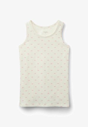 Top sin mangas de color crema con pequeños patrones de lazos rosas distribuidos uniformemente en la tela, talla 12-13 años.