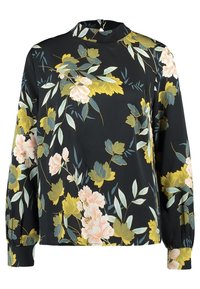 Czarna bluzka o wysokim kołnierzu, z długimi rękawami, w kwiatowy wzór w odcieniach różowego, żółtego i zielonego na gładkim materiale.