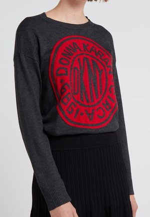 Henkilö pukeutuneena tummanharmaaseen neulepaitaan, jossa on suuri punainen DKNY-logo, ja mustaan laskostettuun hameeseen, seisoo yksinkertaisen taustan edessä.