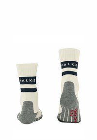 Calzini alla caviglia bianchi e grigi con texture a coste, righe navy e logo "FALKE". Presentano un tallone e una punta rinforzati con dettagli in gomma.