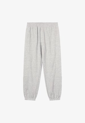 Graue Jogginghose aus weichem Stoff, mit elastischem Bund und zulaufenden Bündchen, seitlichen Taschen für praktische Zwecke.