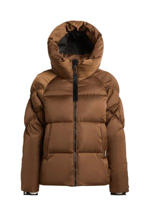 Brown puffer jacket with a high collar and zip closure. Features oversized sections, smooth texture, and a logo tag on the zipper.