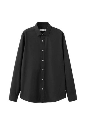Schwarzes Langarmhemd mit Knopfleiste, aus glattem Stoff, verfügt über einen Kragen, sechs Knöpfe vorne und einen geraden Saum.