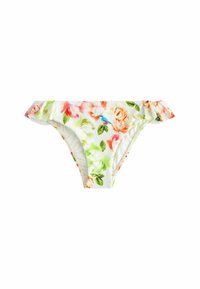 Slip de bikini floral cu margini rulate, având un model cu flori multicolore pe un fundal crem deschis. Realizat dintr-un material moale și elastic.