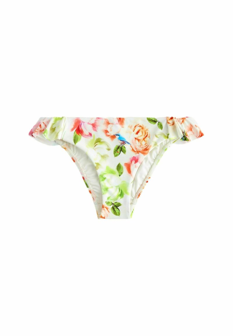 Slip de bikini floral cu margini rulate, având un model cu flori multicolore pe un fundal crem deschis. Realizat dintr-un material moale și elastic.