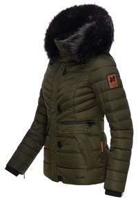 Padded olive green jacket with a detachable black faux fur hood, front buttons, zippered pockets, and an embroidered logo accent.