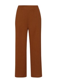 Pantalon brun à coupe droite fabriqué en tissu texturé avec une taille mi-haute et sans fermetures visibles. Design lisse et ajusté.