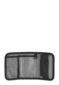 Black fabric wallet with a grey interior, featuring multiple card slots, a zippered pocket, and a mesh compartment.