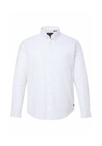 Weißes langärmliges Hemd mit Knöpfen aus strukturiertem Stoff, einer einzelnen Brusttasche und einem abgerundeten Saum. Mit klassischem Kragen und Knopfmanschetten ausgestattet.