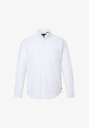 Hvid langærmet skjorte med knapper, lavet af tekstureret stof, med enkelt brystlomme og rundet kant. Har klassisk krave og manchetter med knapper.