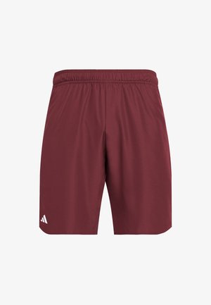Shorts deportivos burdeos con cintura elástica y un acento de logo blanco en la parte inferior de la pierna izquierda, fabricados con material ligero y transpirable.