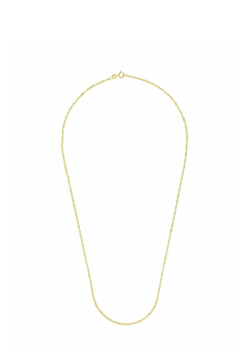 Collana tono oro con design a catena intrecciata, materiale leggero, texture liscia e chiusura a scatto sicura.