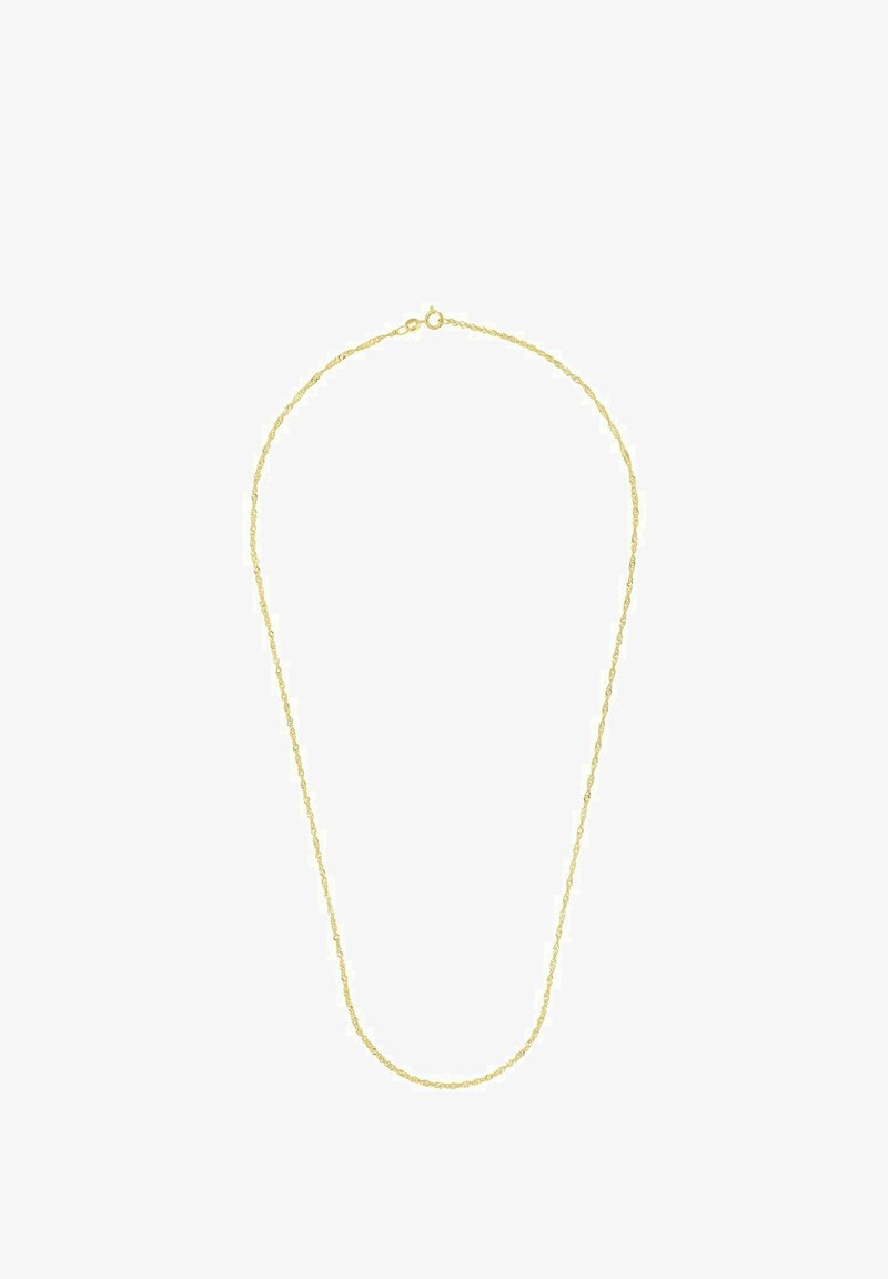 Guldtonad halsband med en vriden kedjedesign, lätt material, slät yta och en säker låsning.