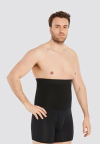 Black high-waisted shapewear shorts designed for men, featuring a smooth finish and a snug fit, with a wide waistband and a front opening.
