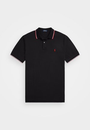 Black short-sleeve polo shirt with red and white trim on collar and sleeves, buttoned placket, and small red embroidered logo on chest.