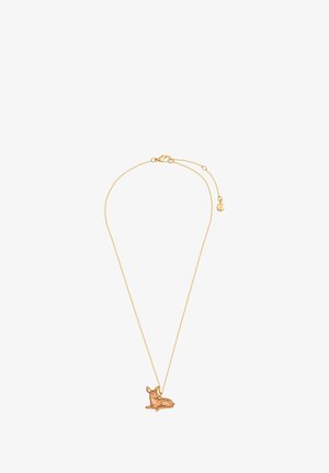 Goldene Kettenhalskette mit einem detailliert gestalteten Hasenanhänger. Der Anhänger sitzt zentriert an einer zarten, verstellbaren Kette.