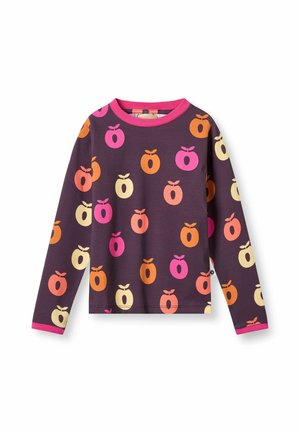Langærmet mørkelilla skjorte med flerfarvede æblemønstre i orange, pink og creme samt pink kant på krave og manchetter.