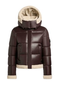 Braune Pufferjacke mit plüschigem, beigem Kapuzenfutter, ausgestattet mit einem Reißverschluss vorne, zwei Seitentaschen und strukturierten Bündchen.