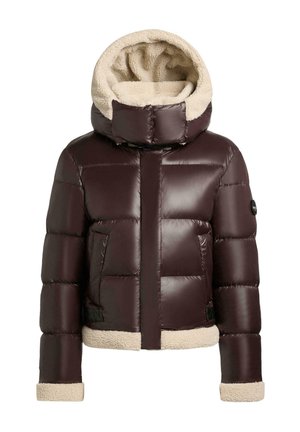 Braune Pufferjacke mit plüschigem, beigem Kapuzenfutter, ausgestattet mit einem Reißverschluss vorne, zwei Seitentaschen und strukturierten Bündchen.