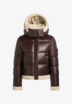 Brown puffer jacket with plush beige hood lining, featuring a front zipper, two side pockets, and textured cuffs.