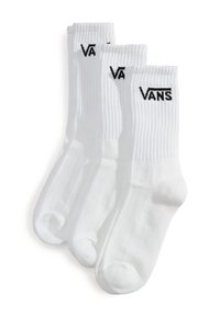 Weiße Baumwoll-Crew-Socken mit geripptem Muster und schwarzem "VANS"-Logo an der Oberseite. Das Set enthält drei Paare.