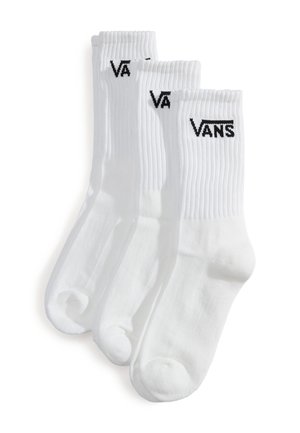 Weiße Baumwoll-Crew-Socken mit geripptem Muster und schwarzem "VANS"-Logo an der Oberseite. Das Set enthält drei Paare.