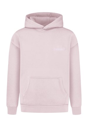 Felpa rosa chiaro con cappuccio, tasca a marsupio frontale e delicato testo bianco ricamato sul petto.