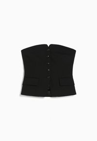 Corsetto nero senza spalline dal design strutturato, con sei bottoni frontali, due tasche laterali e una texture del tessuto liscia.