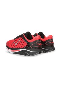 Red and black athletic shoes with a textured upper, prominent zigzag patterns, padded collars, and a white midsole with a black outsole.