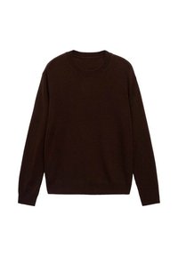 Pull marron en tissu doux, avec un col rond, des manches longues, des poignets côtelés et une coupe décontractée, sans motifs ni embellissements visibles.