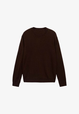 Maglione marrone realizzato in tessuto morbido, caratterizzato da un collo a giro, maniche lunghe, polsini a coste e una vestibilità rilassata, senza motivi visibili o decorazioni.