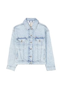 Light blue denim jacket featuring a classic collar, button closure, two chest pockets, and seam detailing on sleeves and sides.
