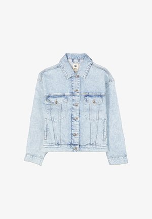 Lichtblauwe denimjacket met een klassieke kraag, knoopsluiting, twee borstzakken en stiksels op de mouwen en zijkanten.