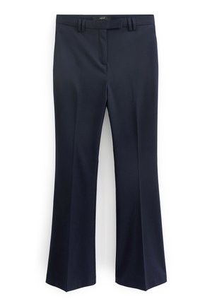 Pantalon bleu marine foncé, coupe droite, avec passants pour ceinture et fermeture avant dissimulée.