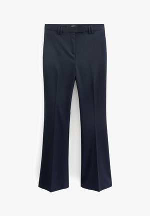 Pantalon bleu marine foncé, coupe droite, avec passants pour ceinture et fermeture avant dissimulée.