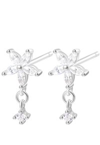 Orecchini a forma di fiore in argento con più pietre trasparenti tagliate a marquise e un accento pendente a forma di pietra rotonda. Texture metallica liscia.