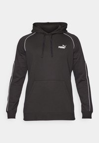 Black hooded sweatshirt made of soft fabric, featuring white side stripes, a front kangaroo pocket, and a small Puma logo on the chest.