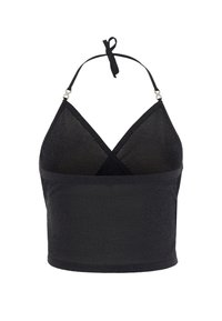 Top halter nero in tessuto mesh trasparente. Presenta un design triangolare e un orlo dritto. Slegatura regolabile al collo con un accento metallico.