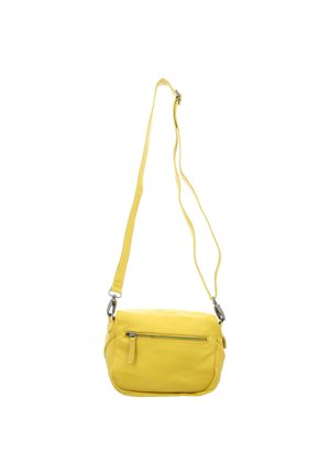 Gelbe Leder-Umhängetasche mit einer Reißverschlusstasche vorne und verstellbarem Schultergurt vor weißem Hintergrund.