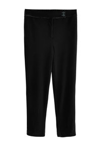 Sorte fløjl bukser med slim fit, der har en glat tekstur, to knapper i taljen og cropped længde.