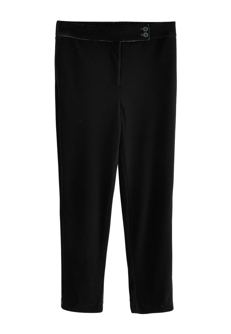Sorte fløjl bukser med slim fit, der har en glat tekstur, to knapper i taljen og cropped længde.