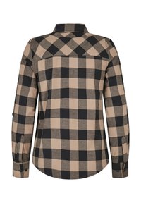 Beige and black checked shirt, long sleeves, button cuffs, classic collar, back yoke, cotton blend fabric, plaid pattern.
