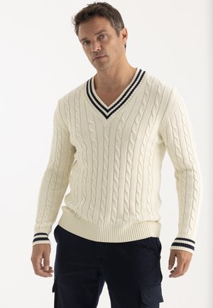 Homme portant un pull crème en maille torsadée à col en V avec des rayures noires au col et aux poignets, associé à un pantalon foncé, debout sur fond blanc.
