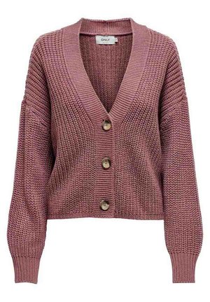 Knitted cardigan in dusty rose with a V-neck, three large buttons, ribbed cuffs, and a textured pattern throughout the fabric.